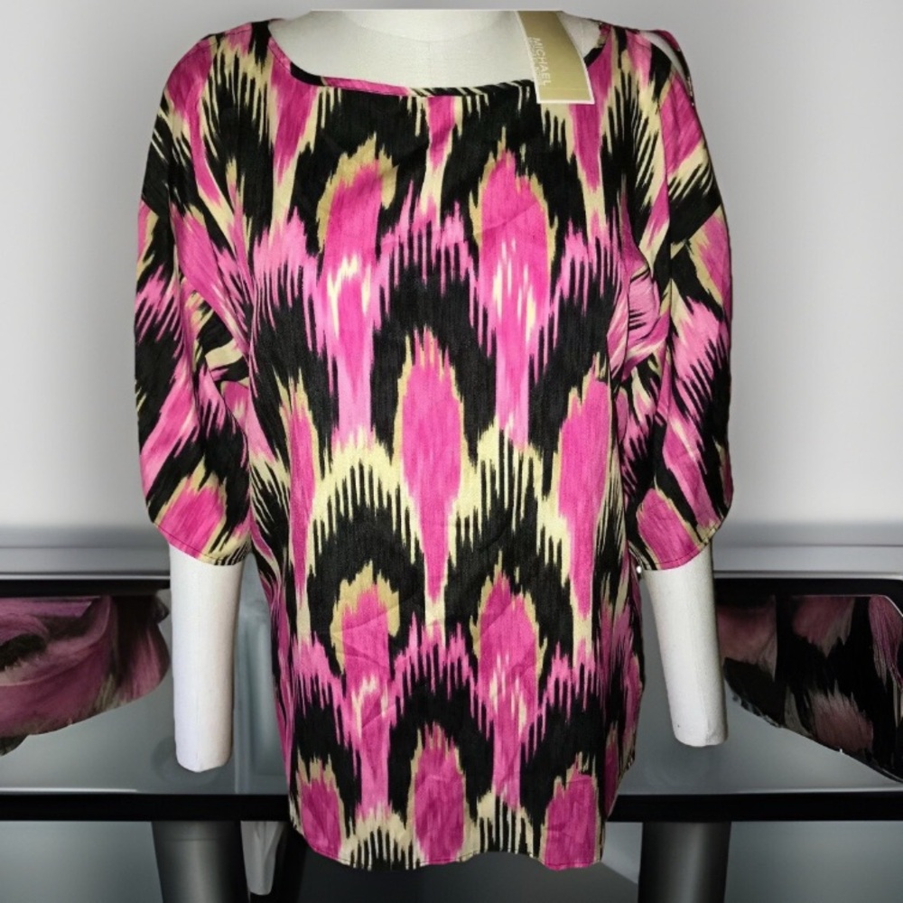 Michael Kors Abstract Pink Black Tan Cold Shoulder Blouse NWT NEW